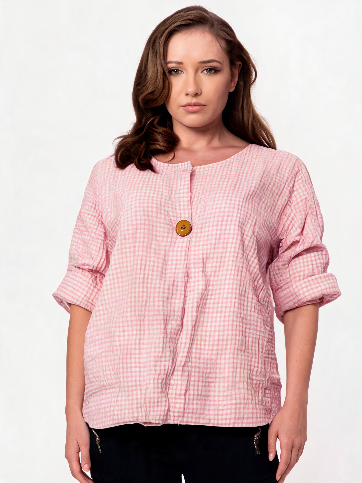 Gingham Check Linen-Look Relaxed Blouse with Statement Button Detail - Pink