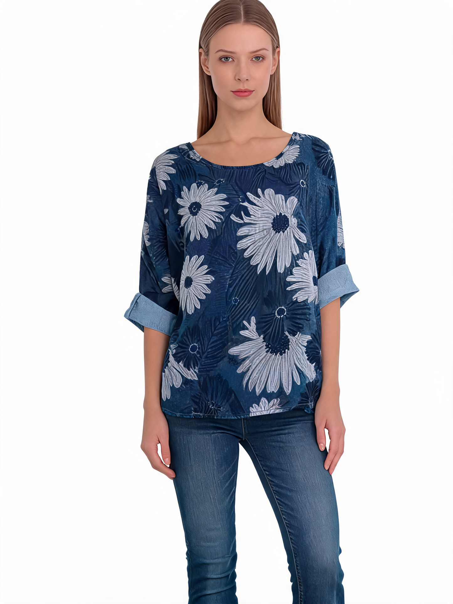 Floral Print Oversized Blouse Daisy Botanical Top with Roll-Up Sleeves - Denim