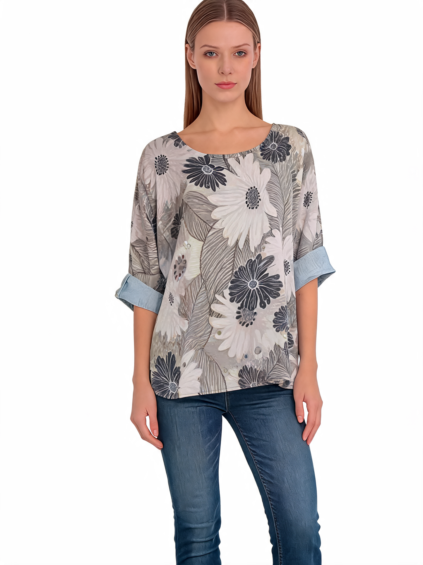 Floral Print Oversized Blouse Daisy Botanical Top with Roll-Up Sleeves - Stone