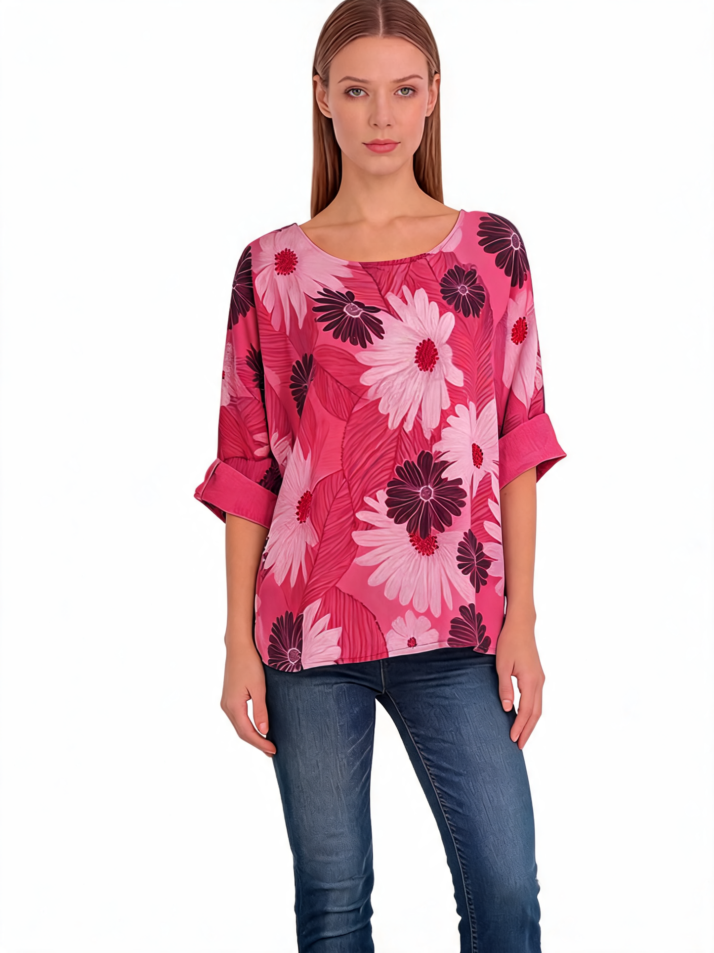 Floral Print Oversized Blouse Daisy Botanical Top with Roll-Up Sleeves - Coral