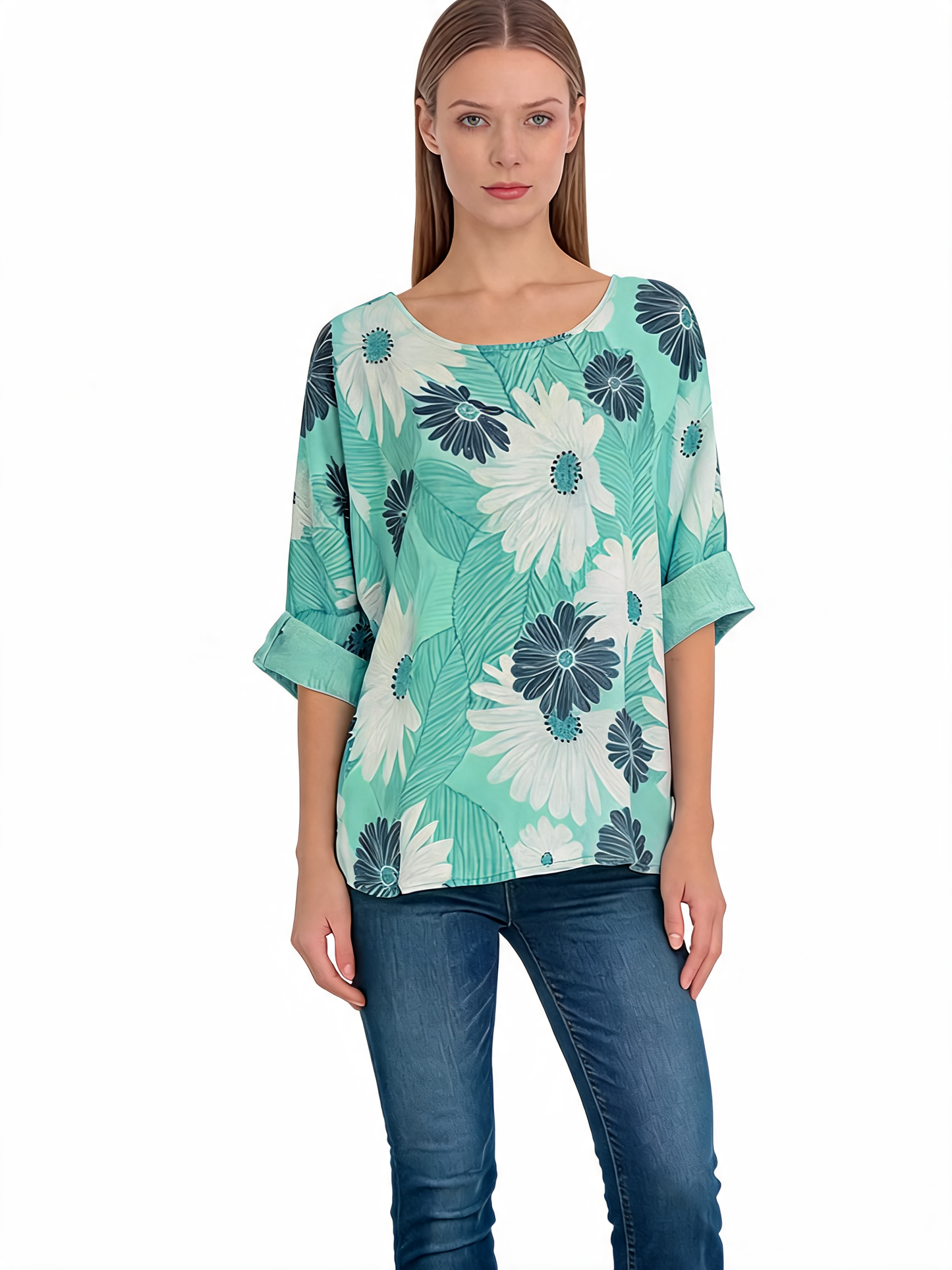 Floral Print Oversized Blouse Daisy Botanical Top with Roll-Up Sleeves - Mint