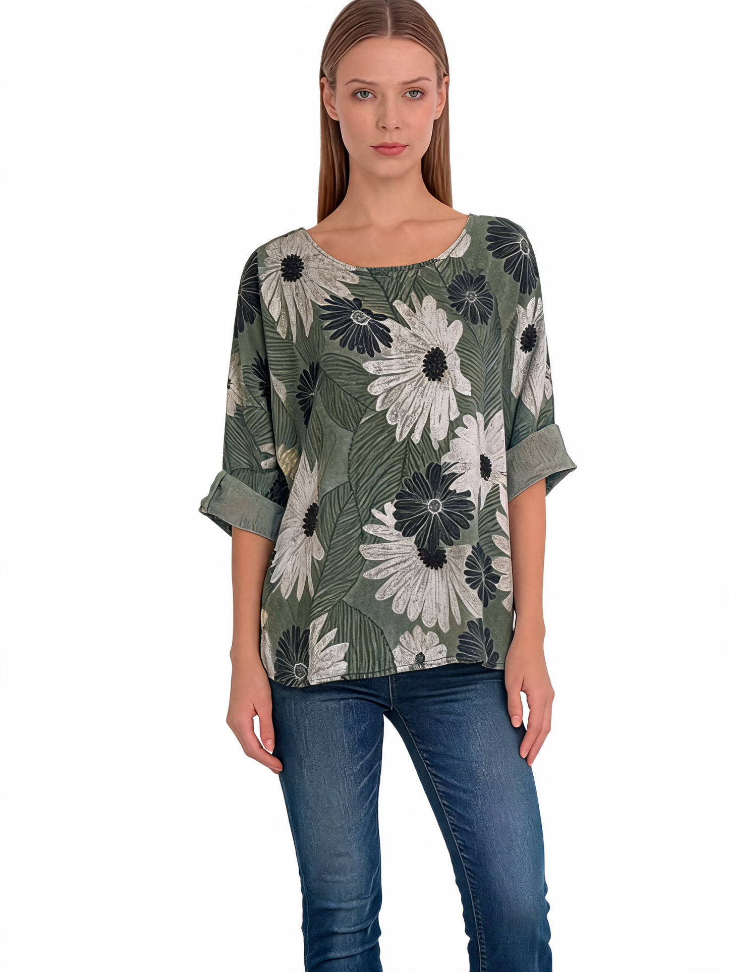 Floral Print Oversized Blouse Daisy Botanical Top with Roll-Up Sleeves - Khaki