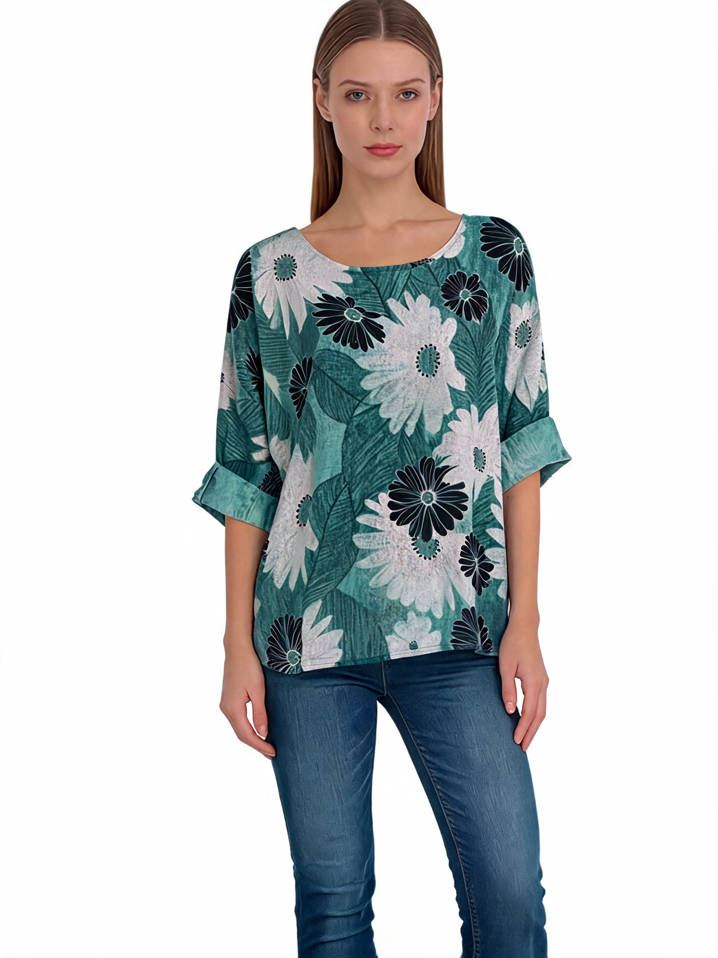 Floral Print Oversized Blouse Daisy Botanical Top with Roll-Up Sleeves - Tiffany