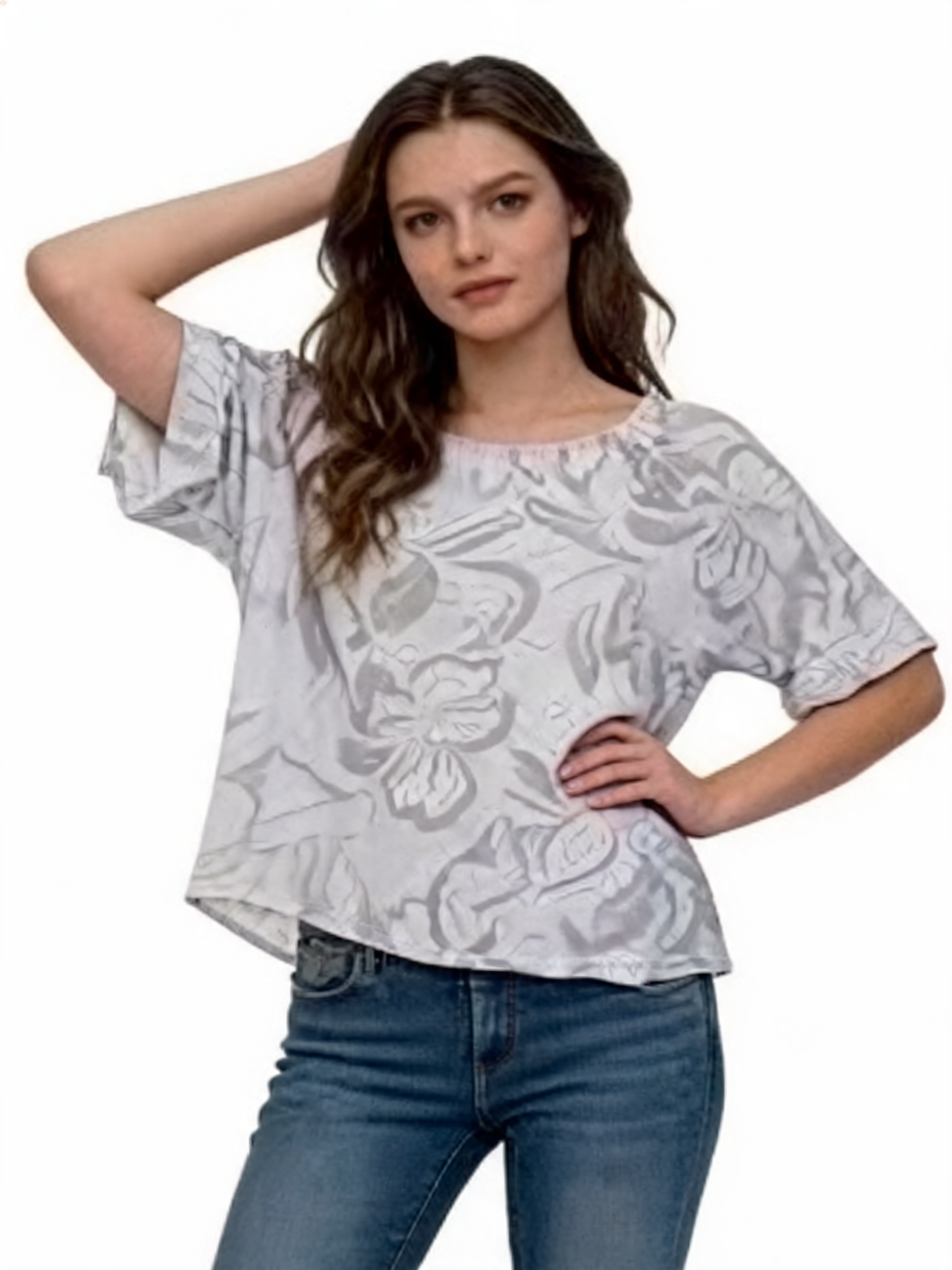 Abstract Floral Print Oversized Blouse | Monochrome 3/4 Sleeve Top - White