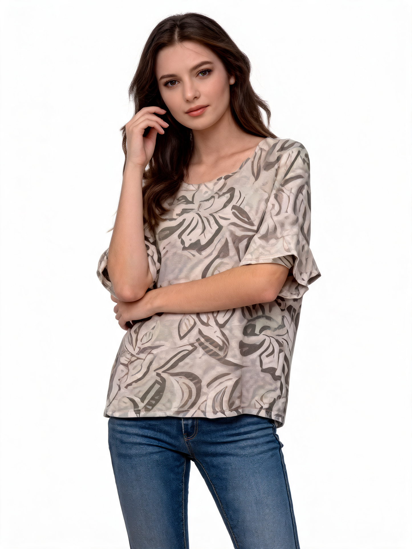 Abstract Floral Print Oversized Blouse | Monochrome 3/4 Sleeve Top - Beige