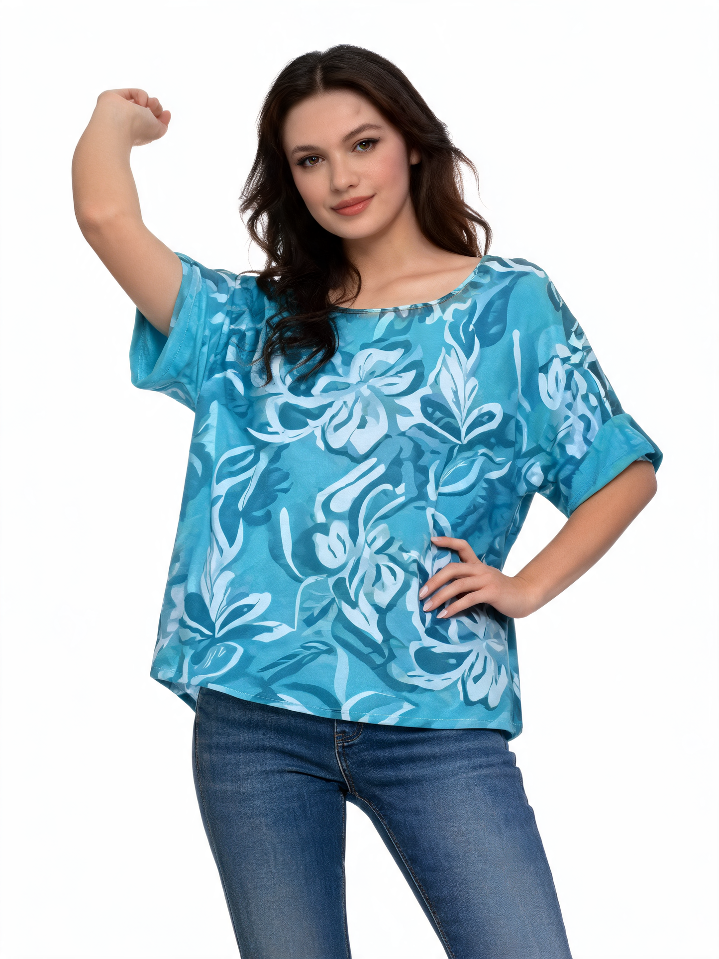Abstract Floral Print Oversized Blouse | Monochrome 3/4 Sleeve Top - Turquoise