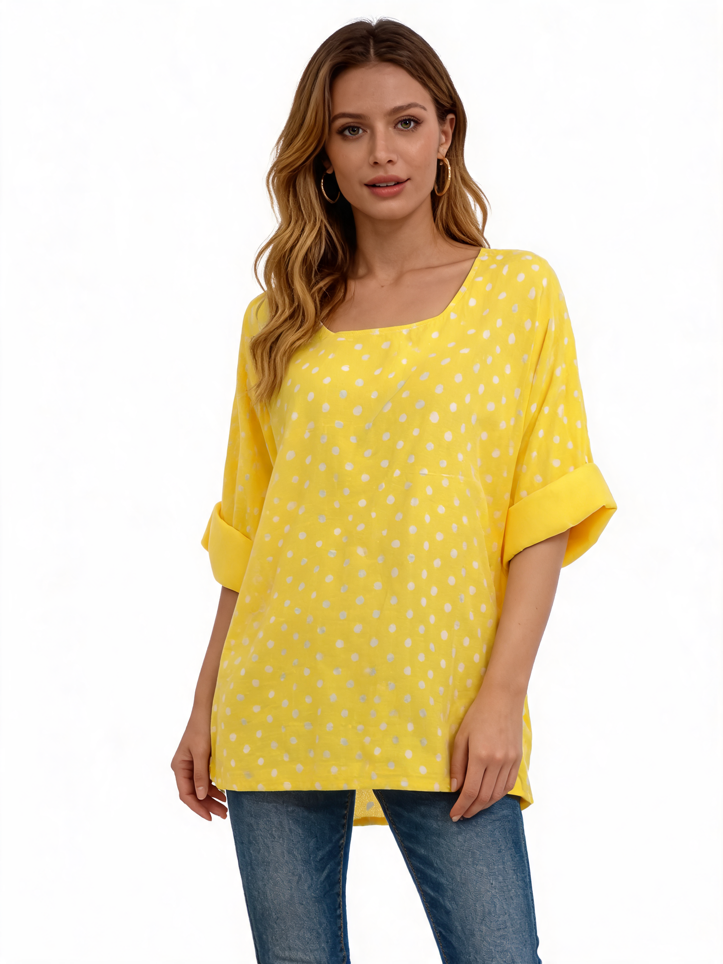 Polka Dot Oversized Longline Top 3/4 Sleeve Blouse - Lemon