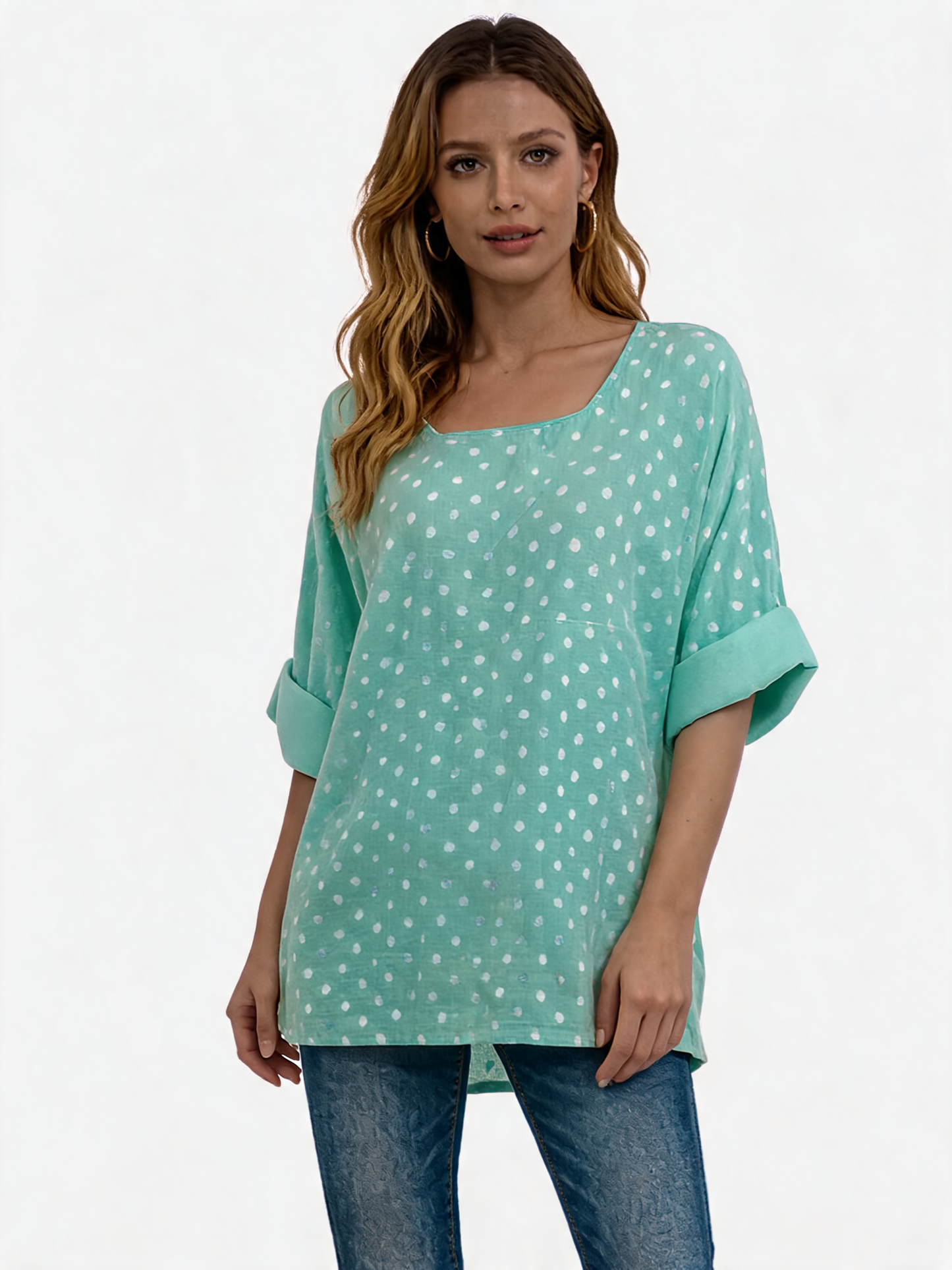 Polka Dot Oversized Longline Top 3/4 Sleeve Blouse - Mint