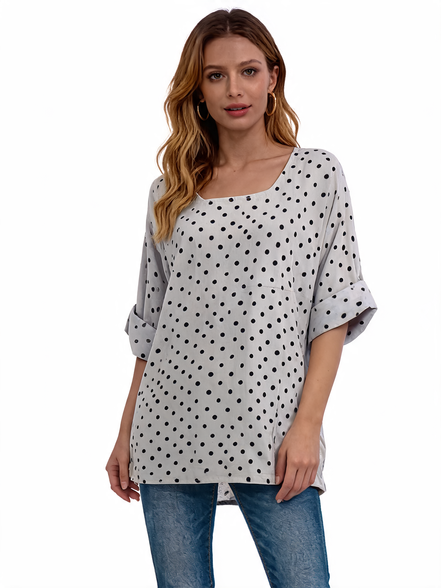 Polka Dot Oversized Longline Top 3/4 Sleeve Blouse - White