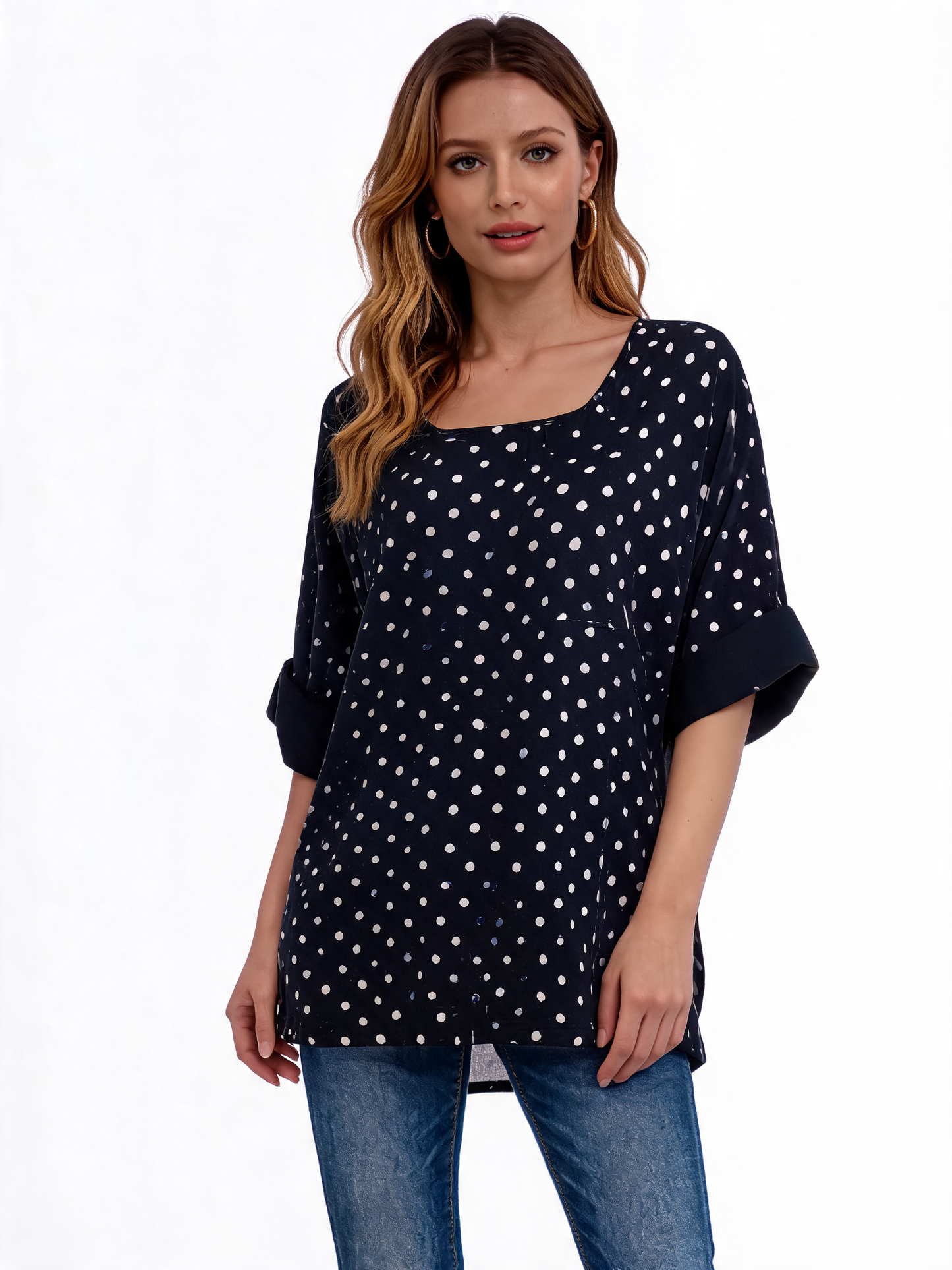 Polka Dot Oversized Longline Top 3/4 Sleeve Blouse - Black