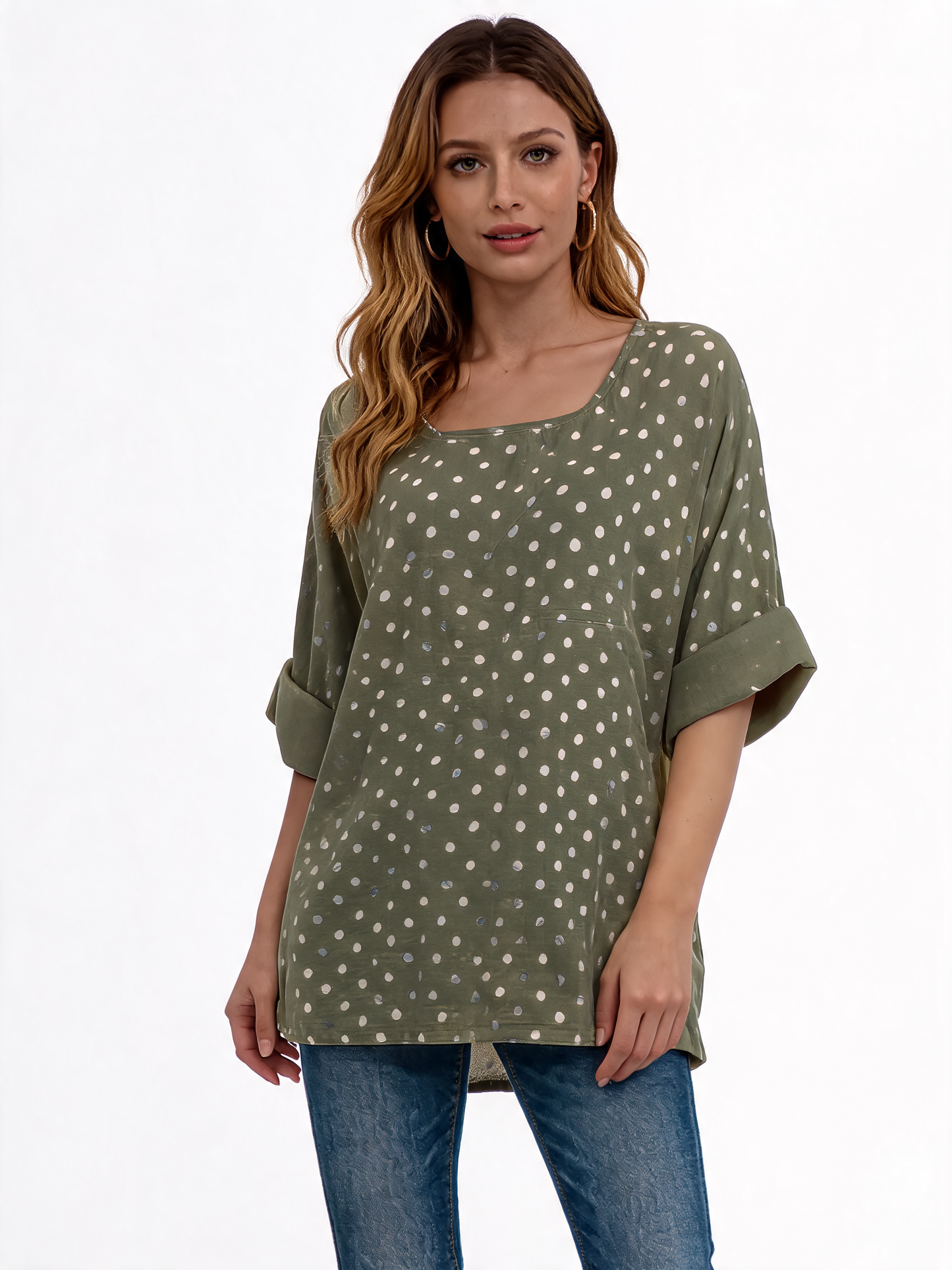 Polka Dot Oversized Longline Top 3/4 Sleeve Blouse - Khaki