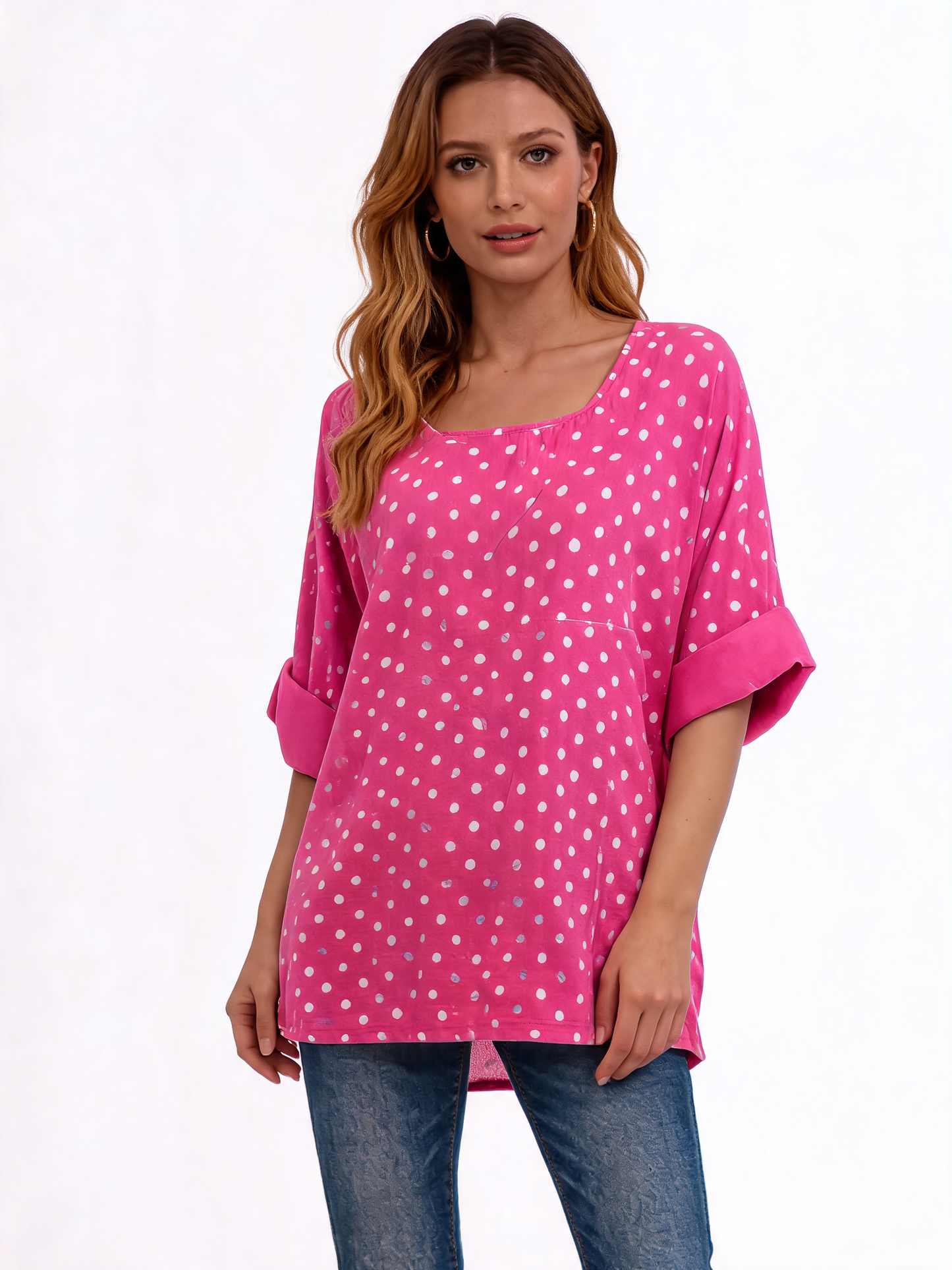 Polka Dot Oversized Longline Top 3/4 Sleeve Blouse - Fuchsia