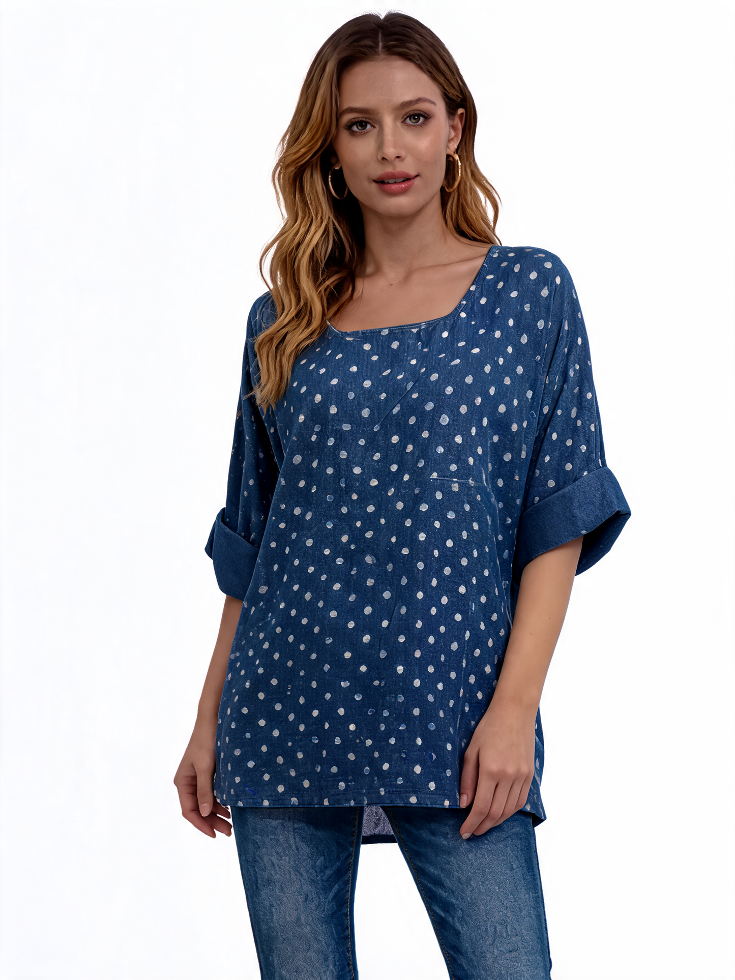 Polka Dot Oversized Longline Top 3/4 Sleeve Blouse - Denim