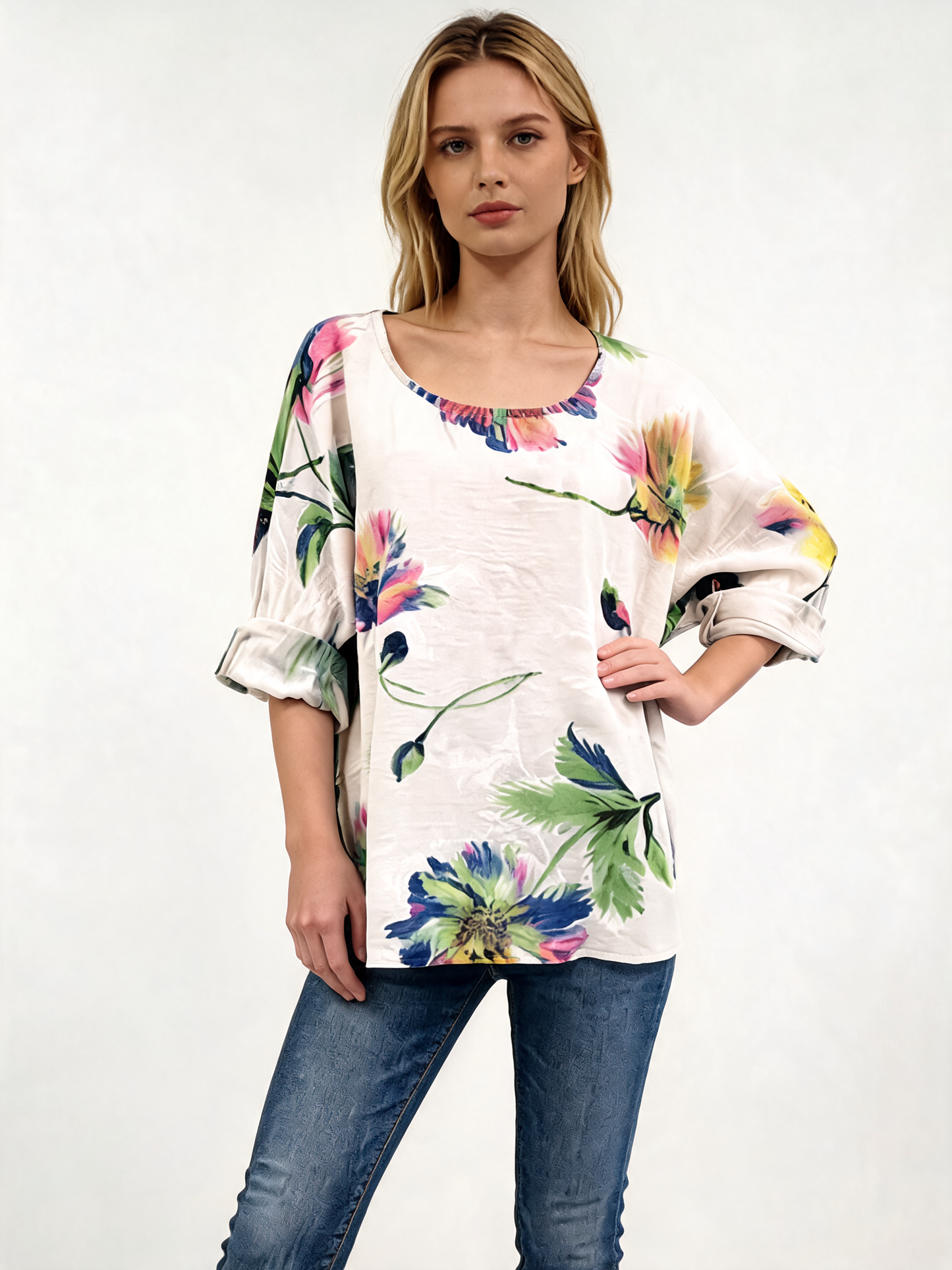 Watercolour Floral Oversized Top 3/4 Sleeve Blouse - White