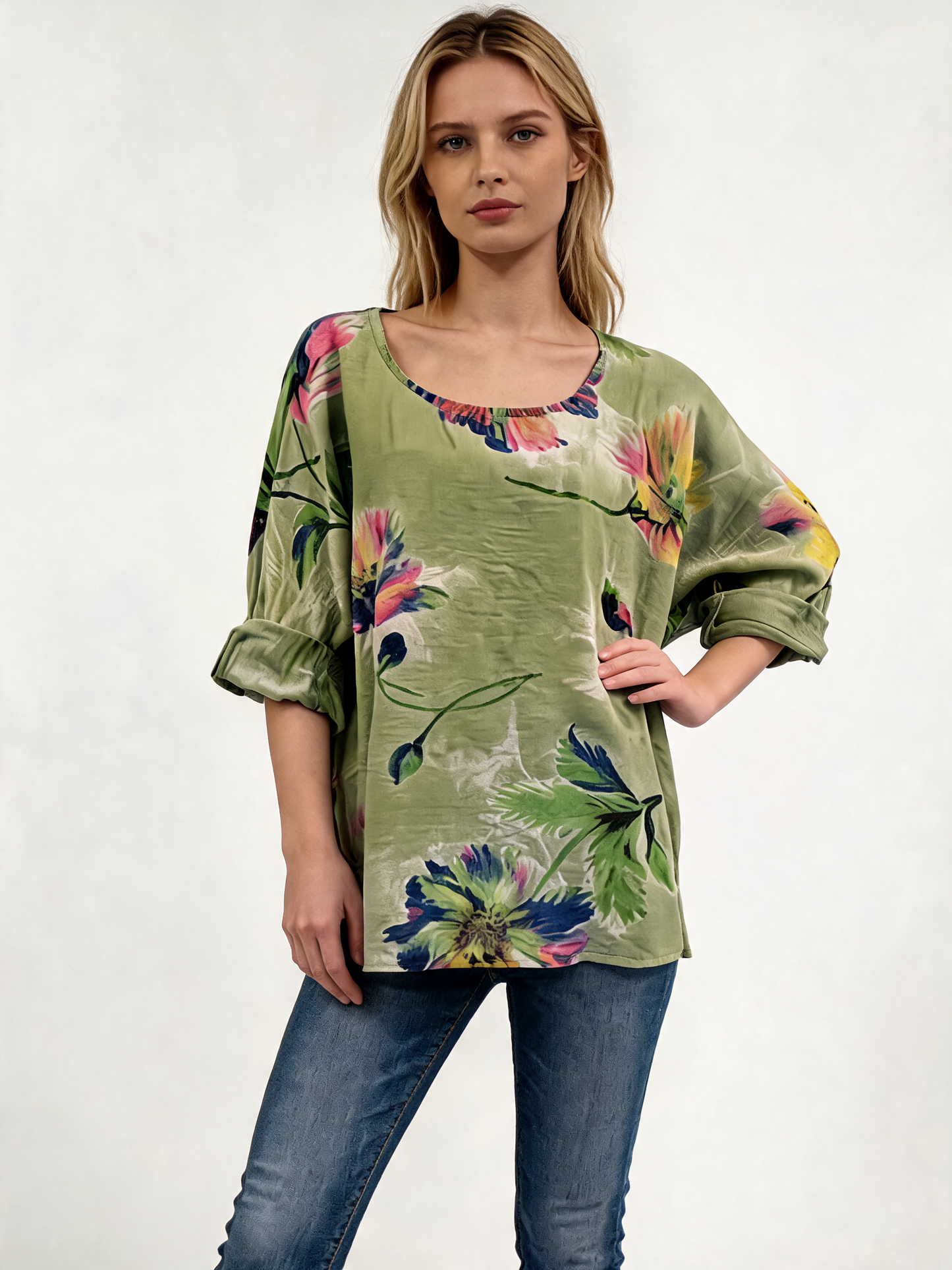 Watercolour Floral Oversized Top 3/4 Sleeve Blouse - Khaki