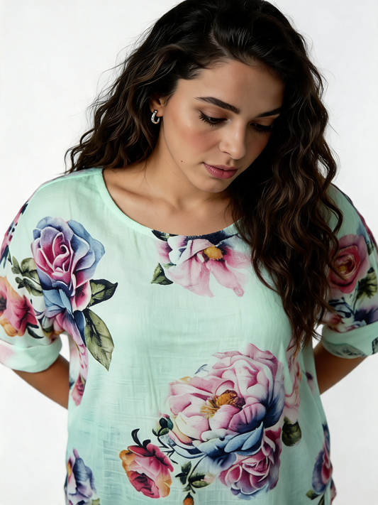 Large Bloom Floral Print Linen-Blend Top - Mint