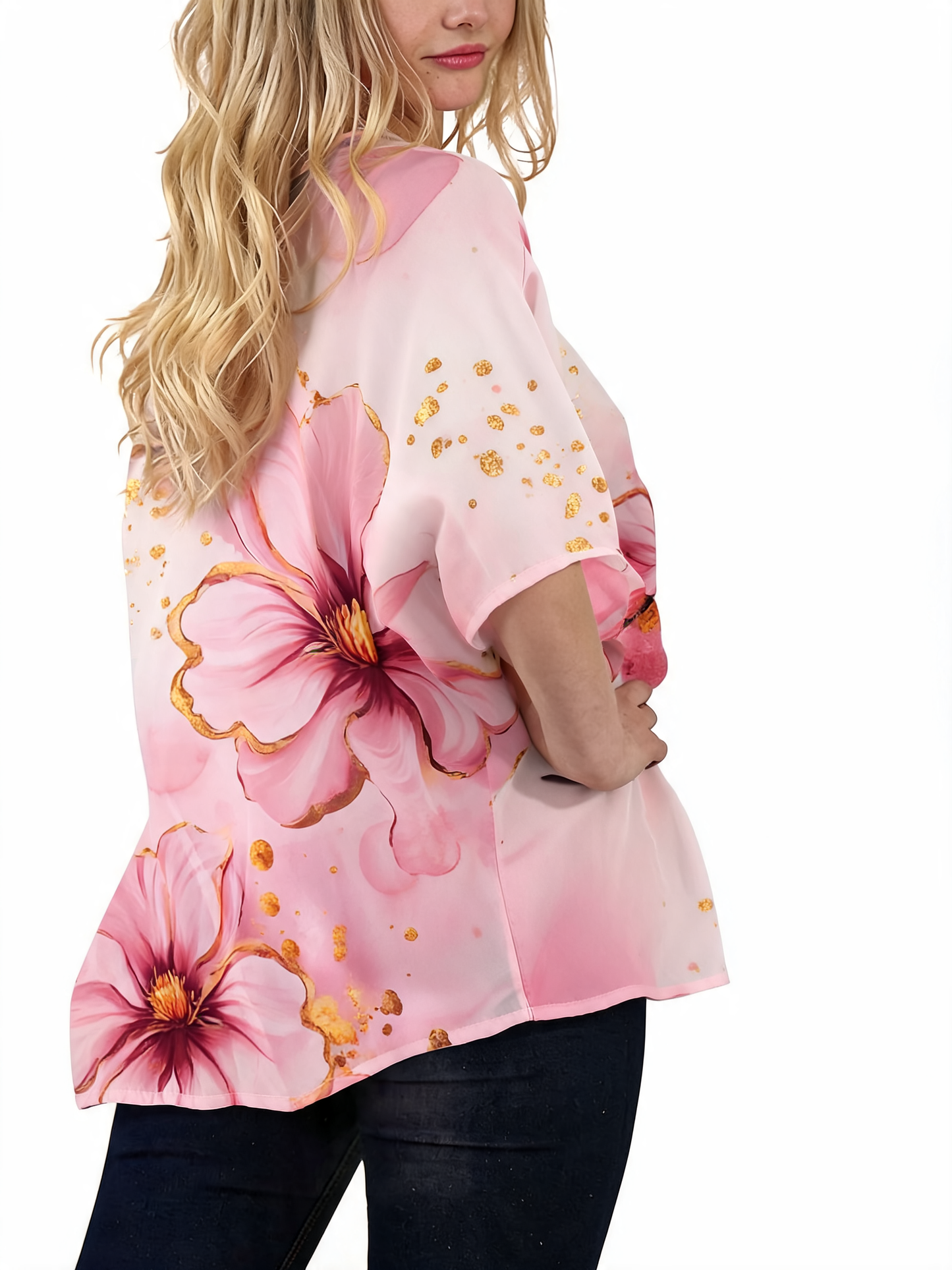 T-shirt met korte mouwen, bloemenkant, burnout en botanische print - Fuchsia