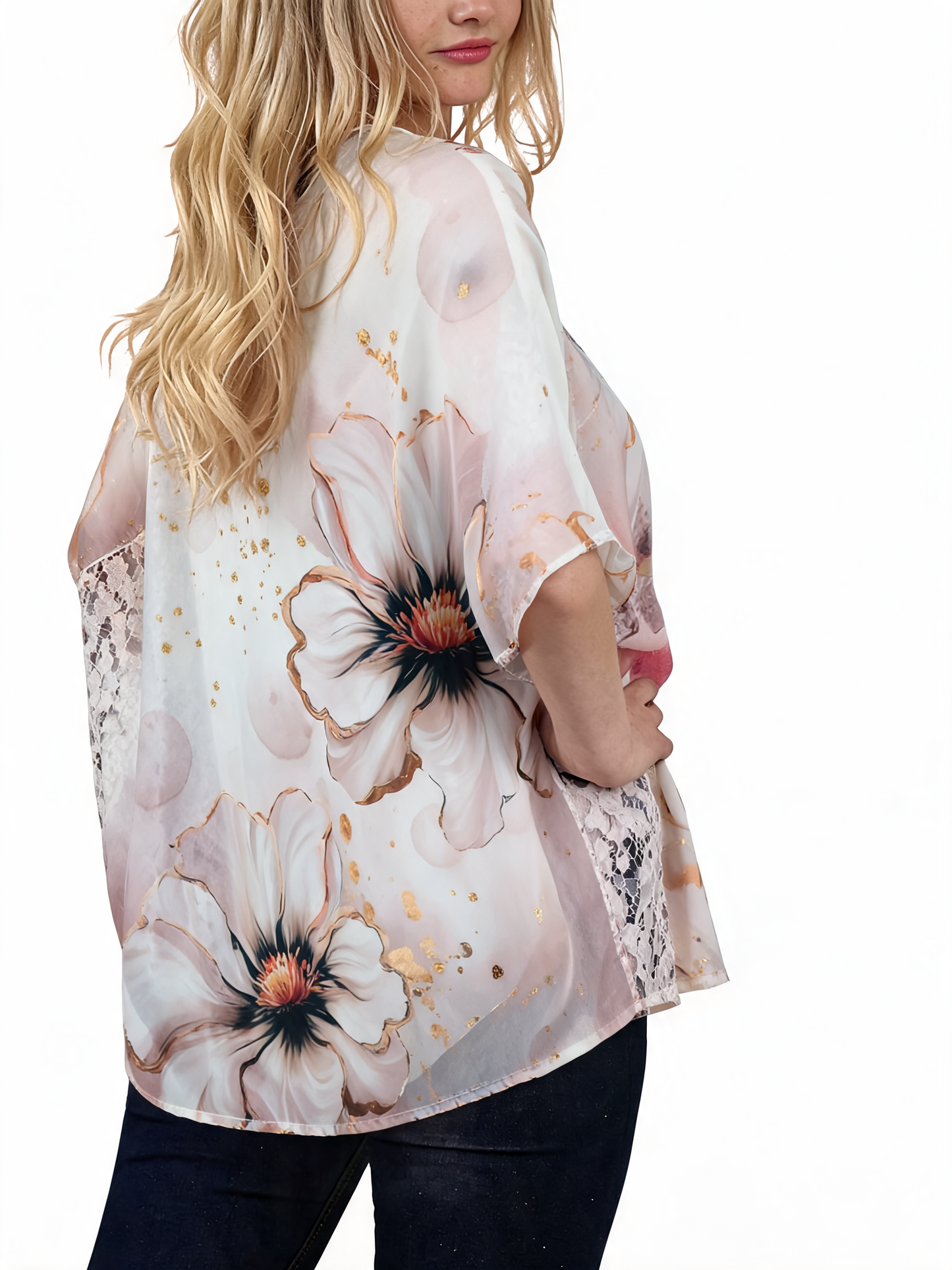 T-shirt met korte mouwen, bloemenkant, burnout en botanische print - Beige