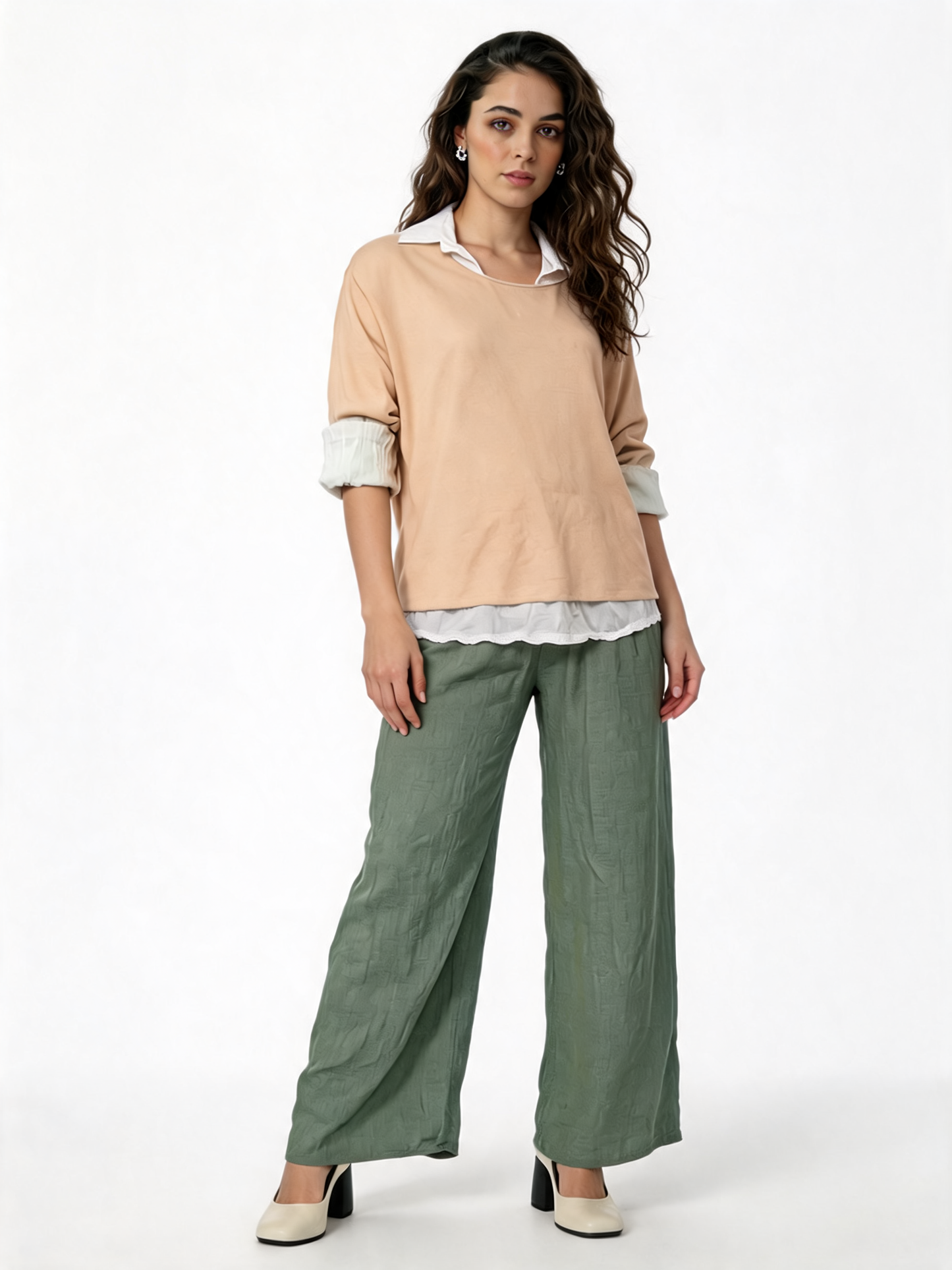 2-in-1 Gelaagde Shirt Top | Oversized Top met Witte Shirt Onderlaag - Beige