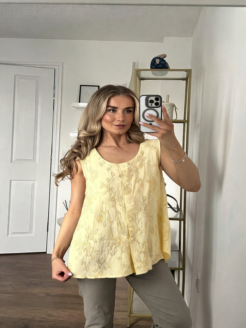 Floral Embroidered Button-Front Sleeveless Top - Lemon