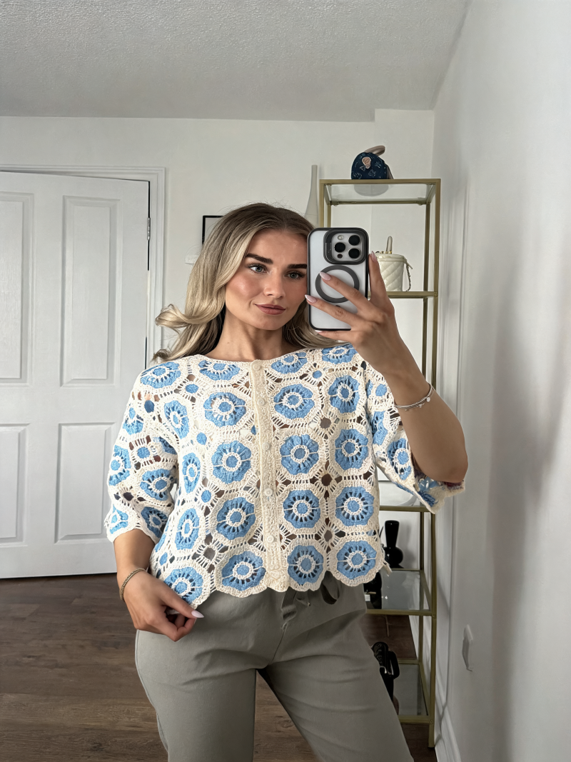Floral Crochet Button-Front Top - Light Blue