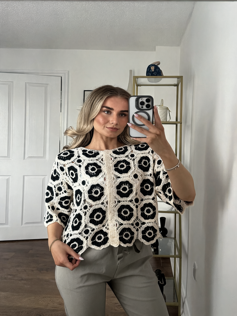 Floral Crochet Button-Front Top - Black