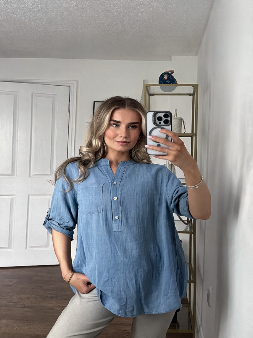 Serene Linen Blend Mandarin Collar Tunic Shirt - Denim