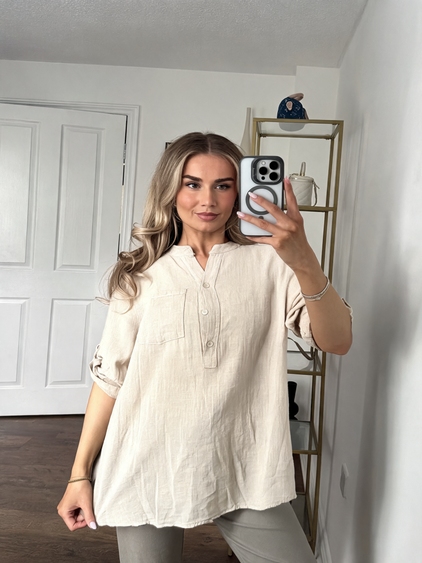 Serene Linen Blend Mandarin Collar Tunic Shirt - Beige