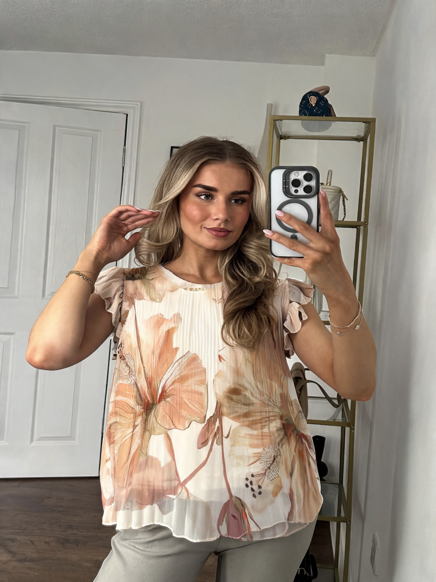 Ethereal Floral Pleated Flutter Sleeve Blouse - Beige