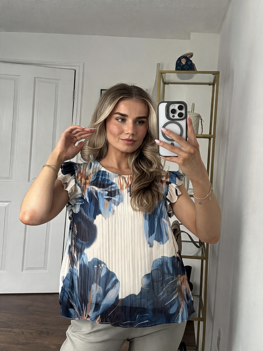 Ethereal Floral Pleated Flutter Sleeve Blouse - Navy