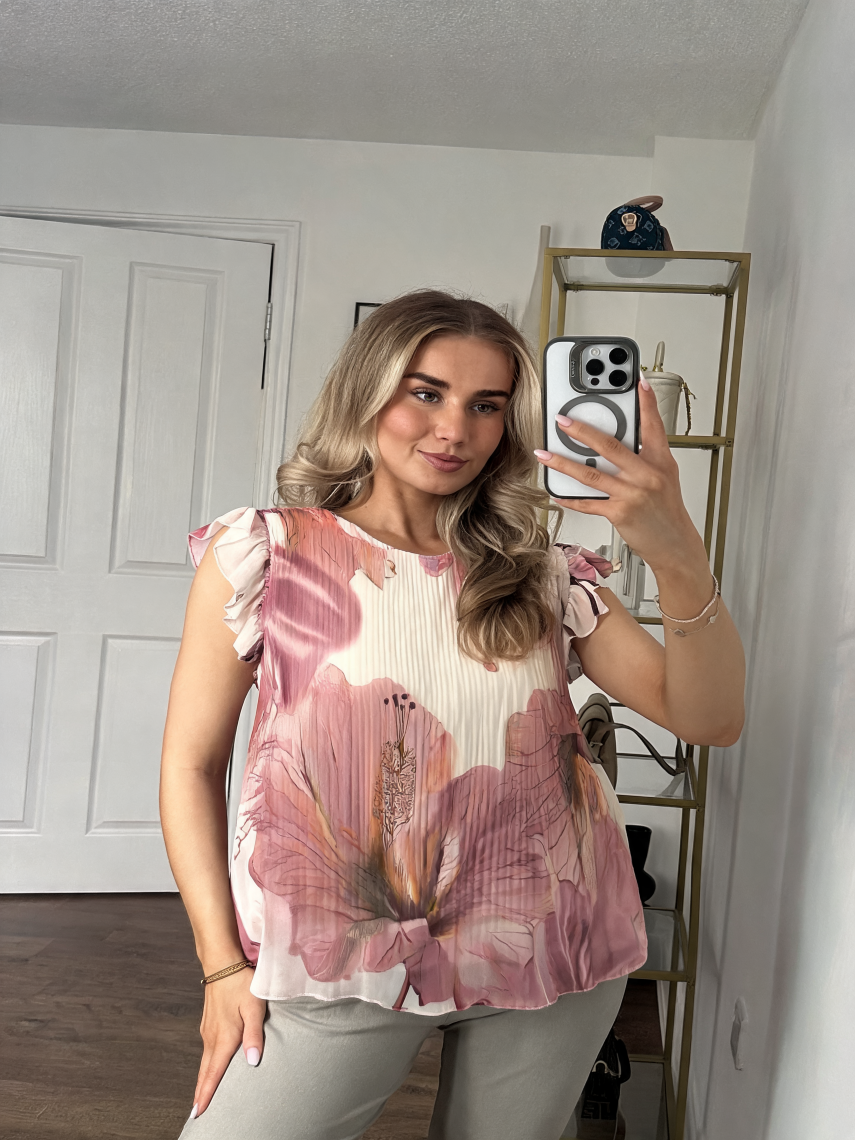 Ethereal Floral Pleated Flutter Sleeve Blouse - Pink