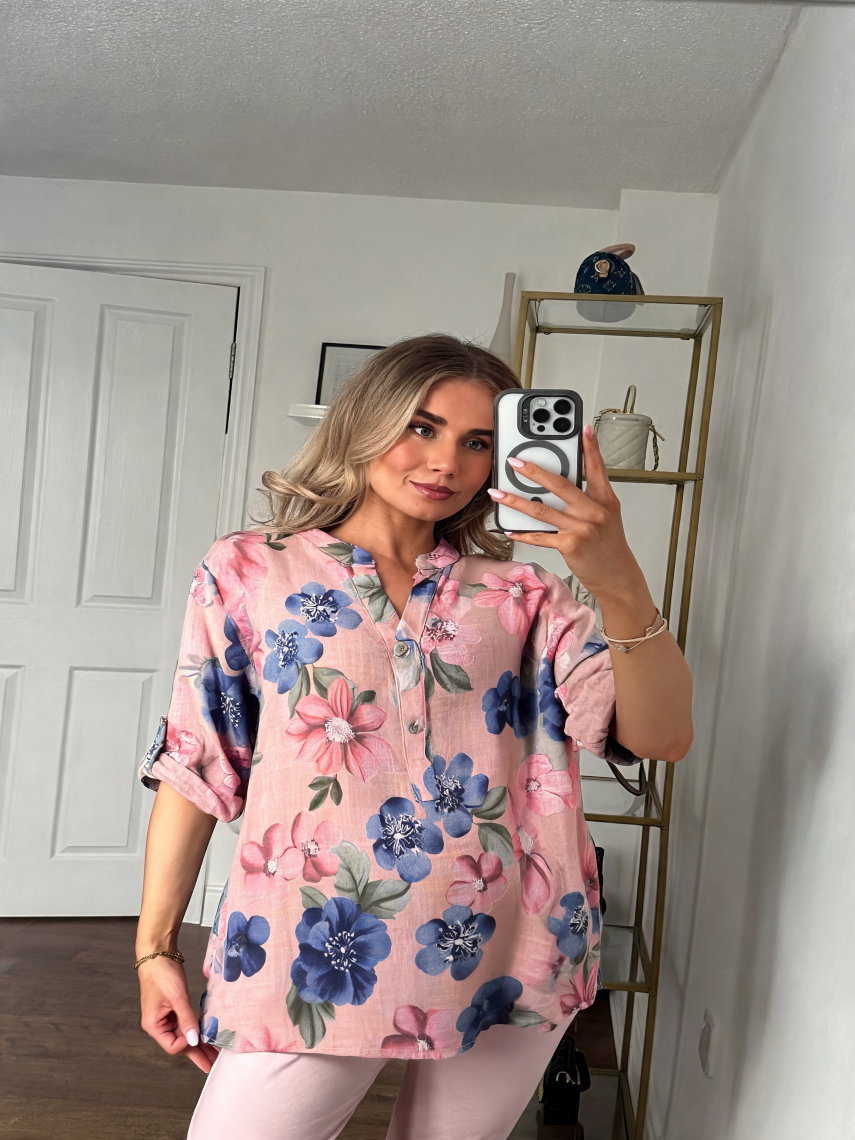 Botanical Print Roll-Tab Tunic Shirt - Pink