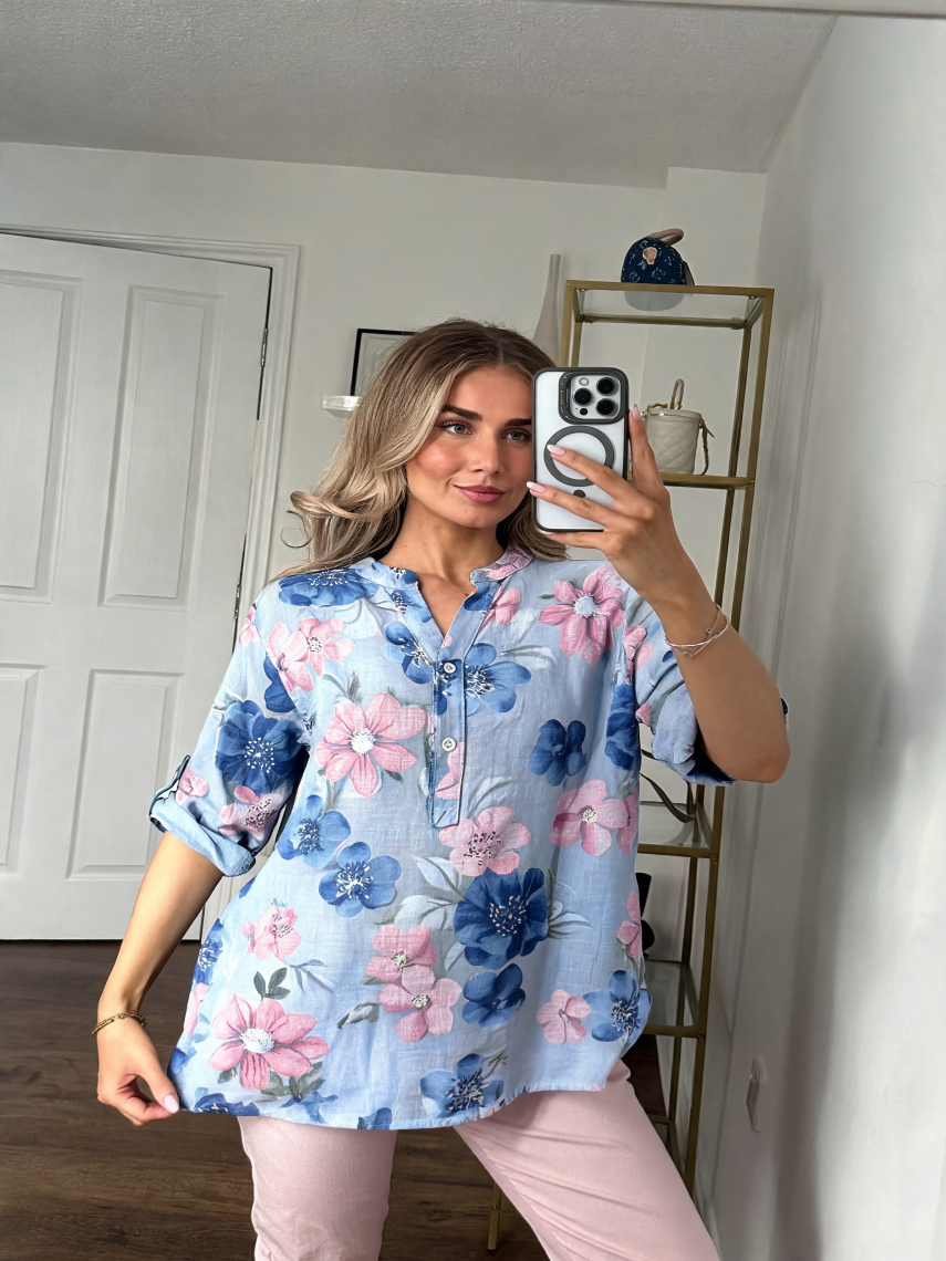 Botanical Print Roll-Tab Tunic Shirt - Sky Blue