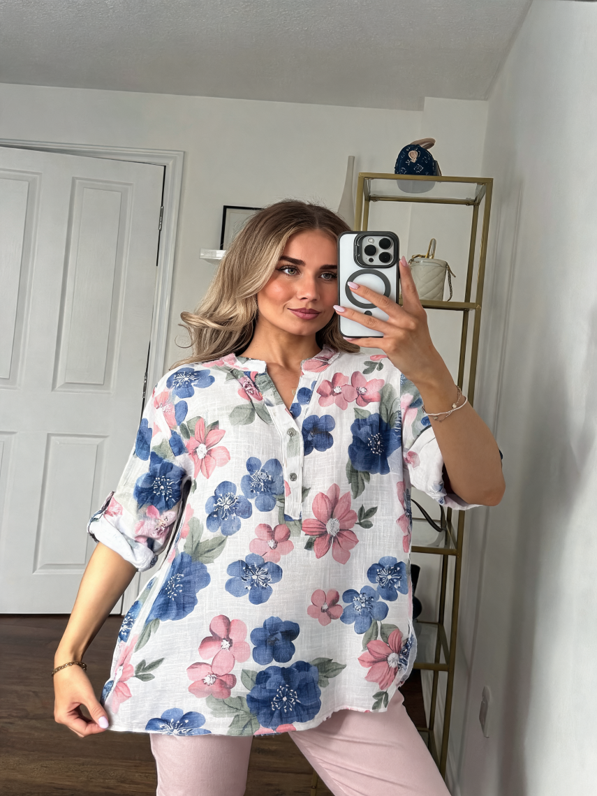 Botanical Print Roll-Tab Tunic Shirt - White