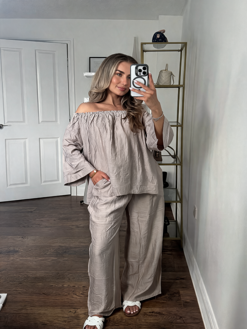 Linen-Feel Off-the-Shoulder Lounge Co-Ord Set - Charcoal