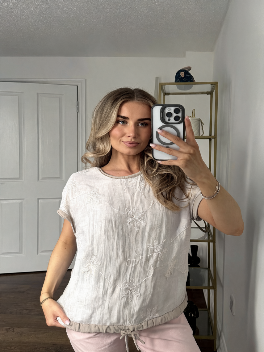 Floral Embroidered Crinkle Gauze Top with Drawstring Hem — Beige