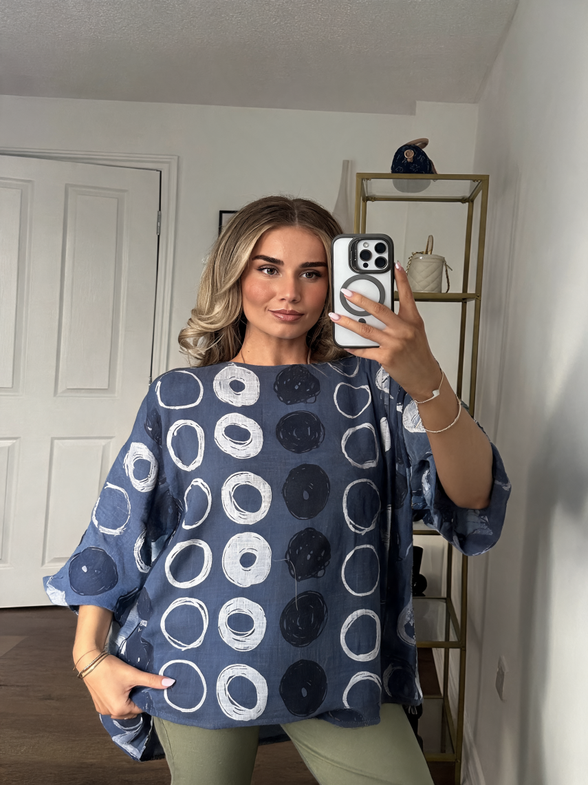 Abstract Circle Print Crinkle Cotton Oversized Top — Denim