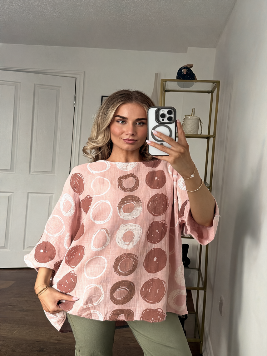 Abstract Circle Print Crinkle Cotton Oversized Top — Pink
