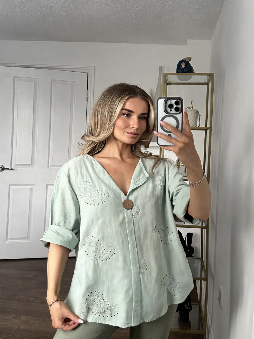 Paisley Embroidered Broderie Detail Top with Coconut Button — Mint