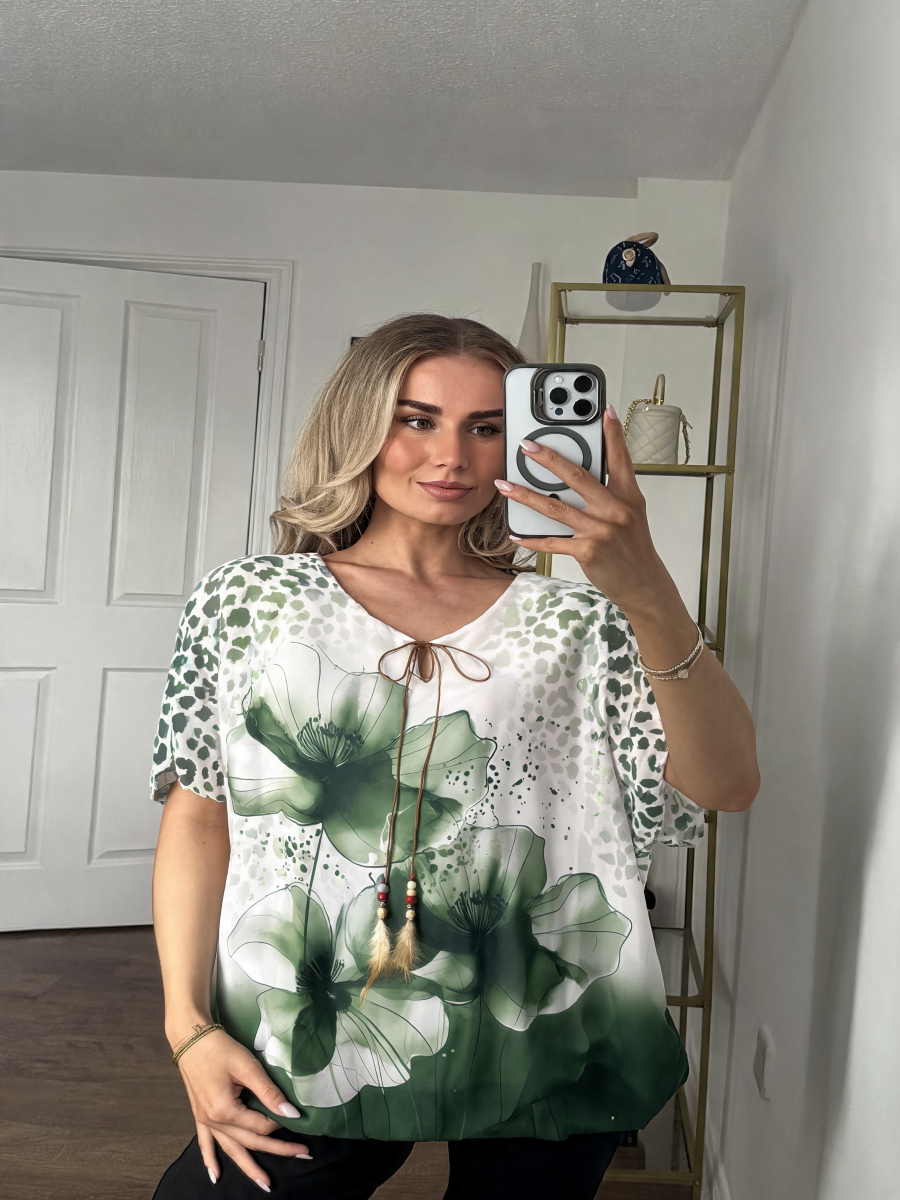 T-shirt met korte mouwen van bloemenkant en botanische print - Marineblauw