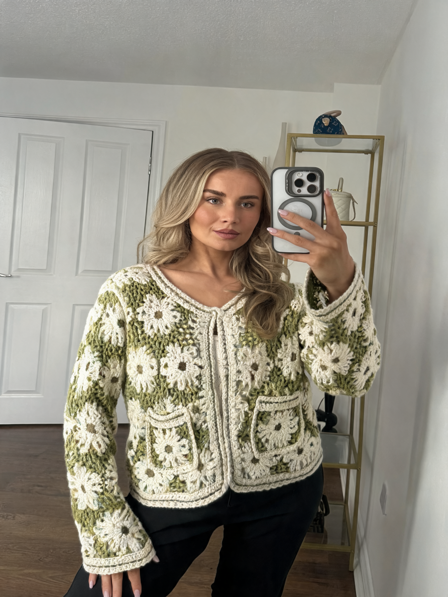 Floral Granny Square Crochet Cardigan with Front Pockets - Khaki