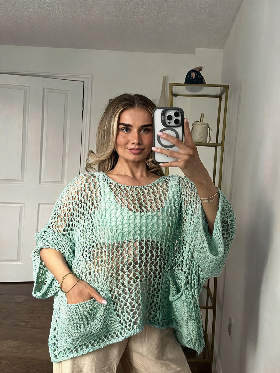 Oversized Mesh Knit Poncho Top with Front Pocket & Batwing Sleeves - Mint