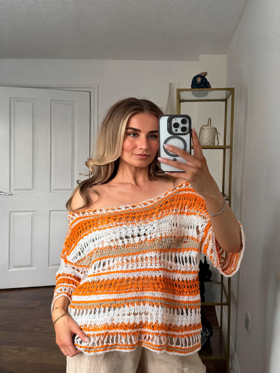 Striped Oversized Open-Weave Crochet Top with Off-Shoulder Neckline - Orange