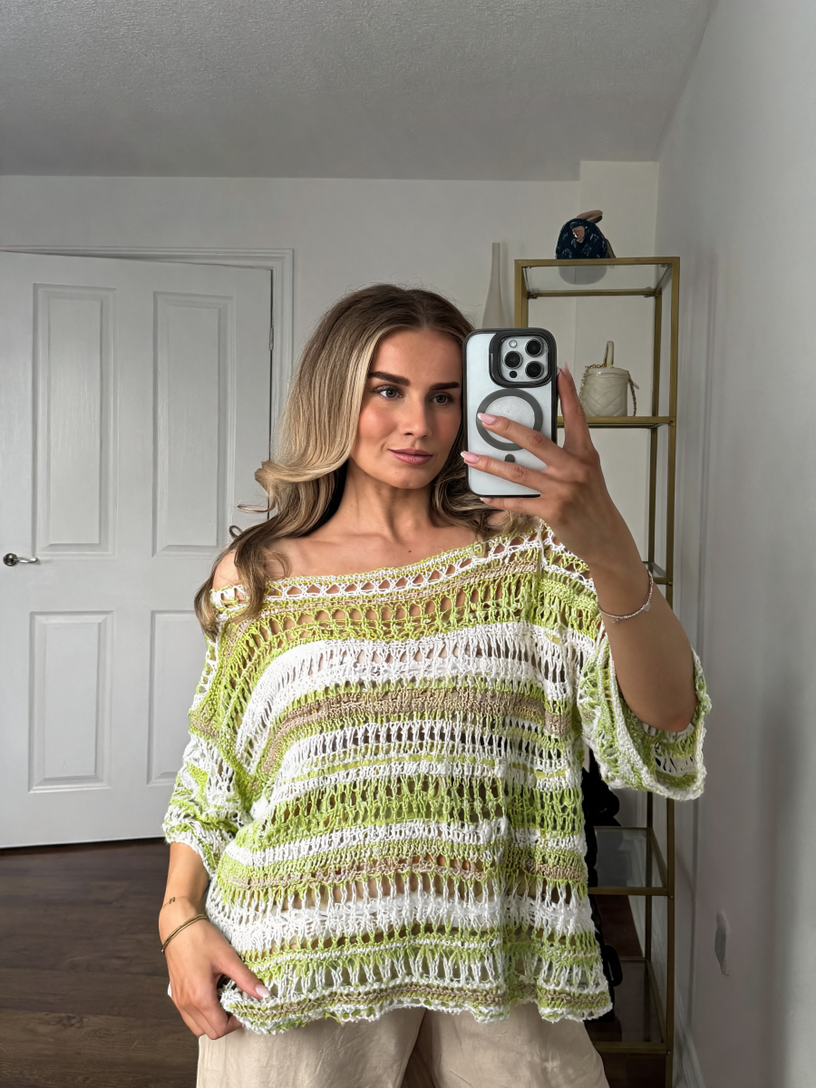Striped Oversized Open-Weave Crochet Top with Off-Shoulder Neckline - Lime