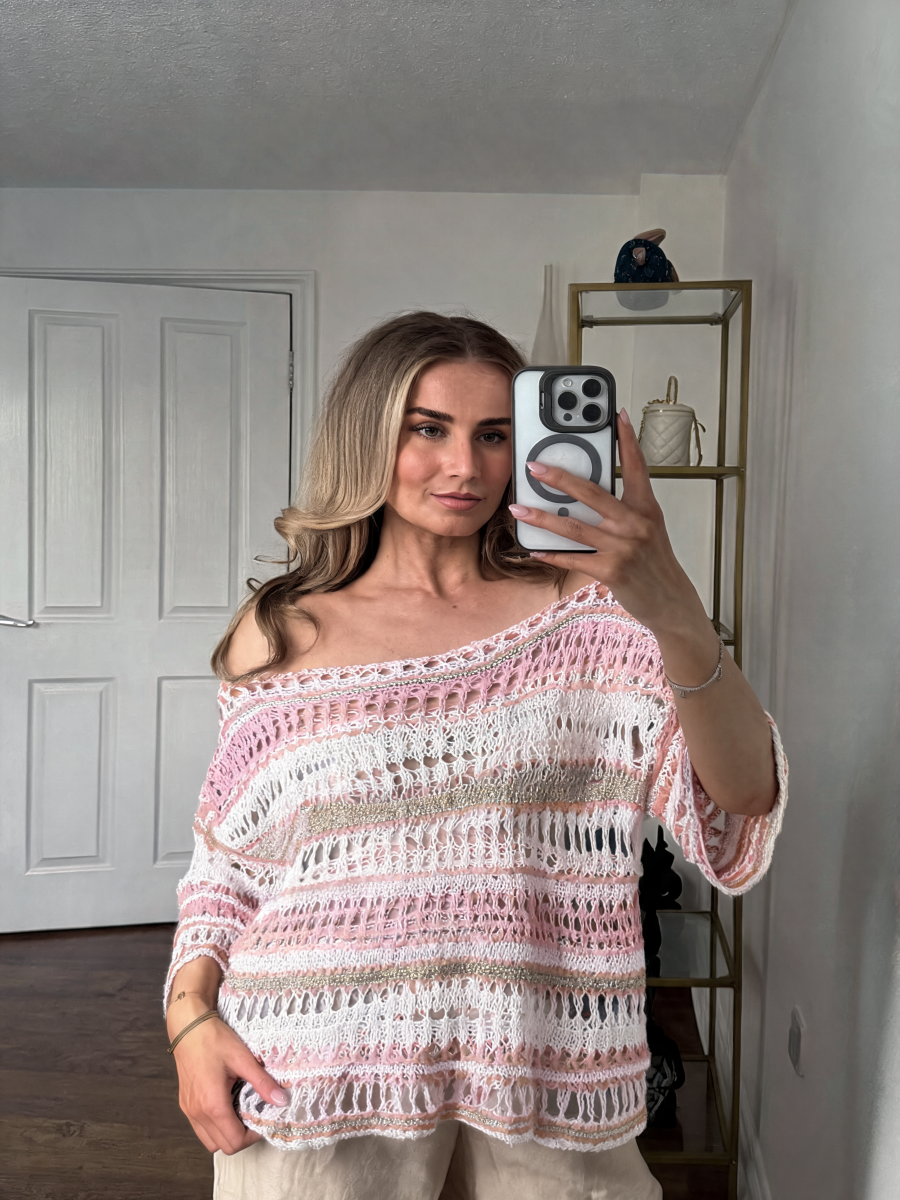 Striped Oversized Open-Weave Crochet Top with Off-Shoulder Neckline - Pink