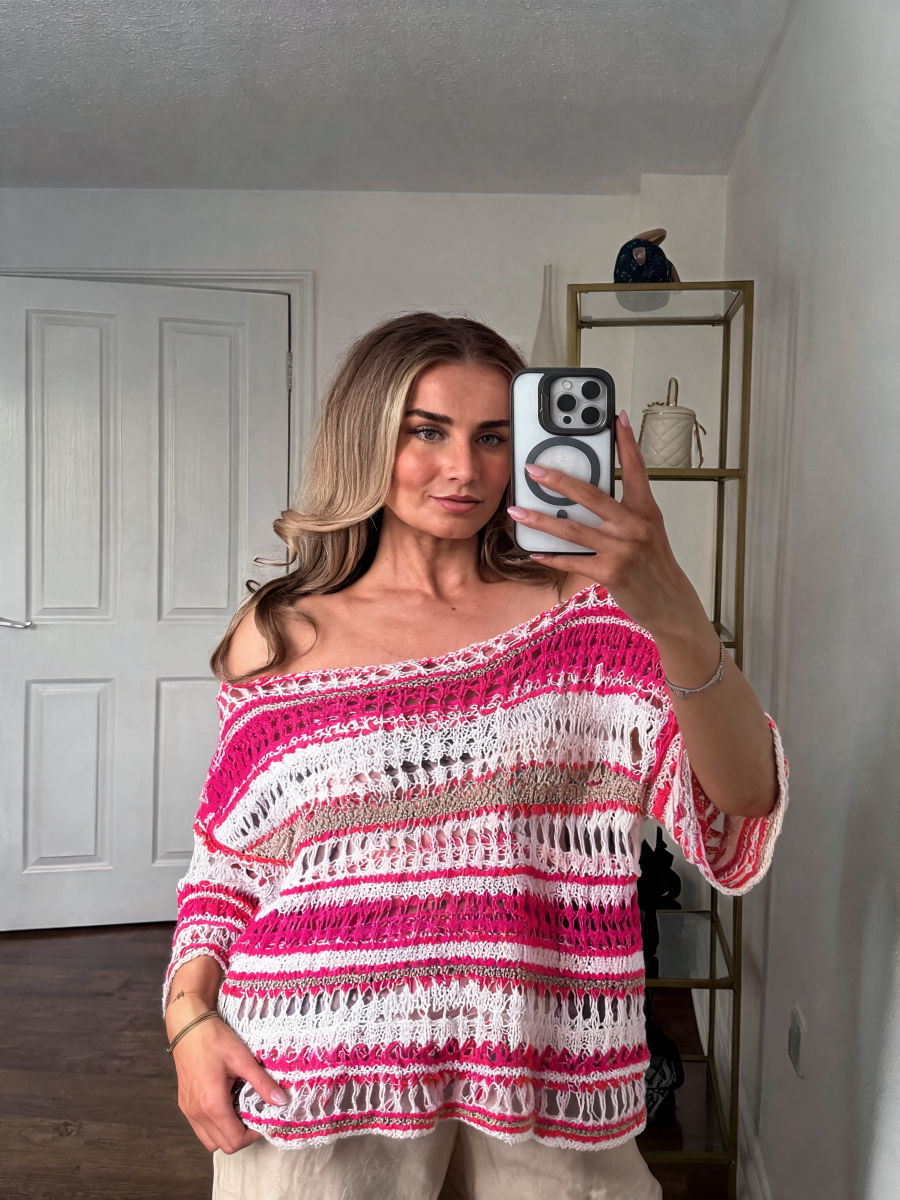 Striped Oversized Open-Weave Crochet Top with Off-Shoulder Neckline - Fuchsia