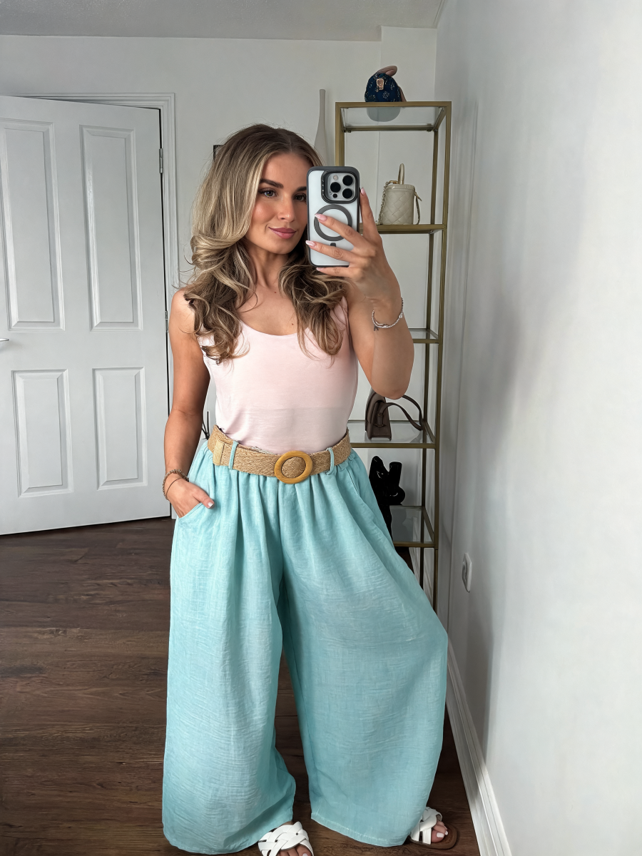 Natural Linen Wide-Leg Palazzo Trousers with Elasticated Waist & Side Pockets - Mint