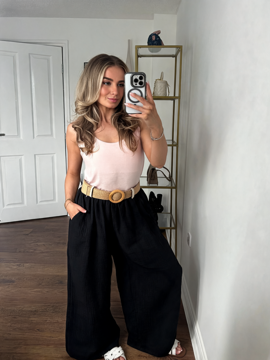 Natural Linen Wide-Leg Palazzo Trousers with Elasticated Waist & Side Pockets - Black