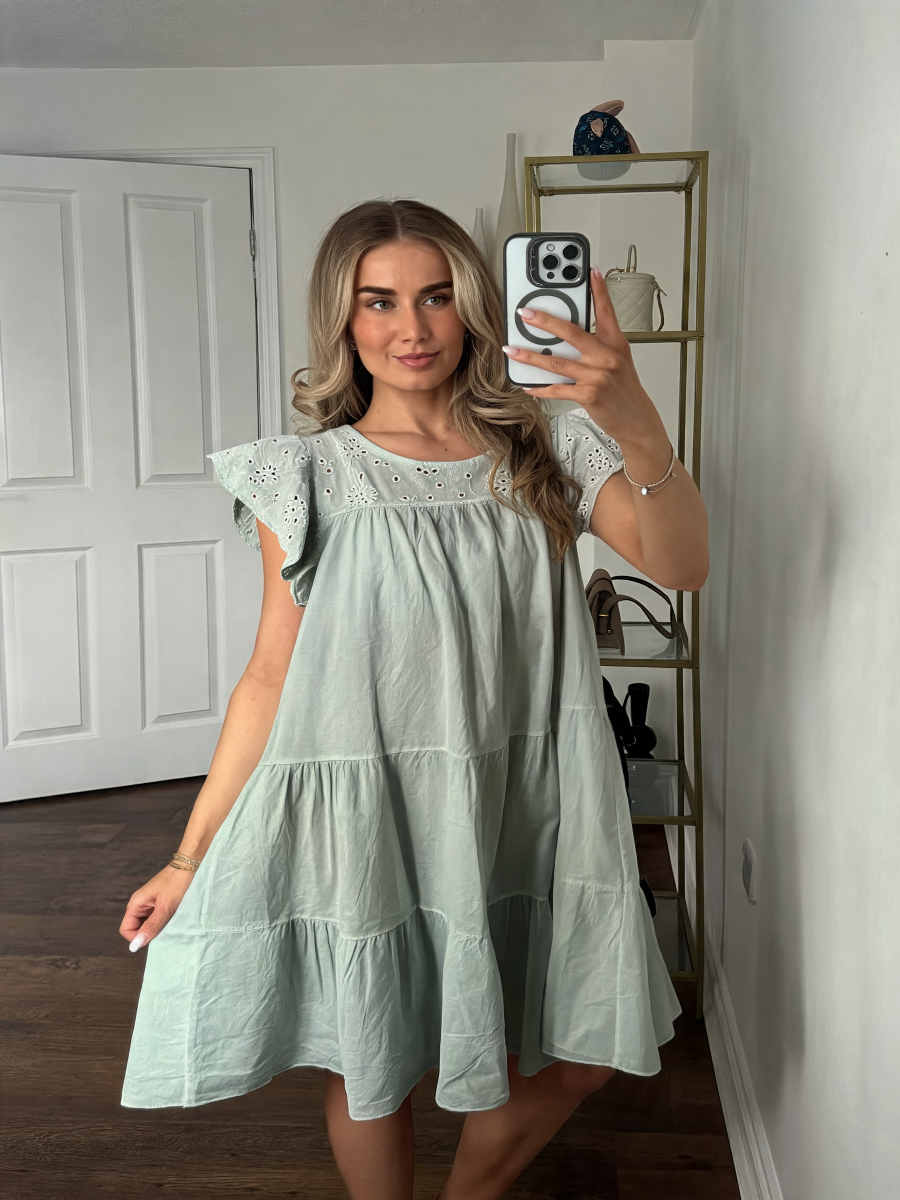 Eyelet Flutter-Sleeve Tiered Mini Dress - Khaki