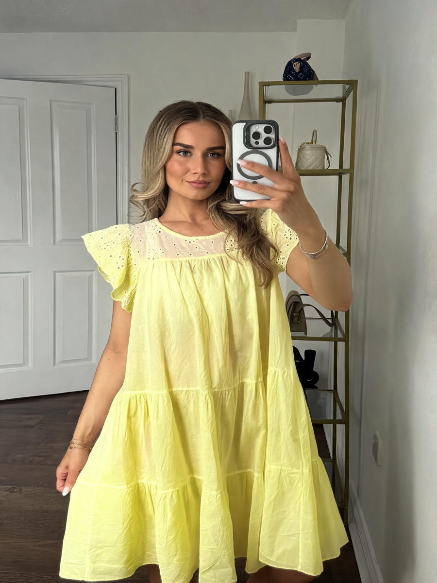Eyelet Flutter-Sleeve Tiered Mini Dress - Lemon